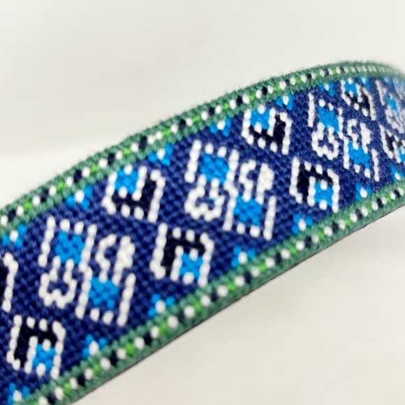 TUCKER BLAIR Men’s Blue Multi Needlepoint & Leather Hand Stitched Belt Size 30 - Picture 4 of 7